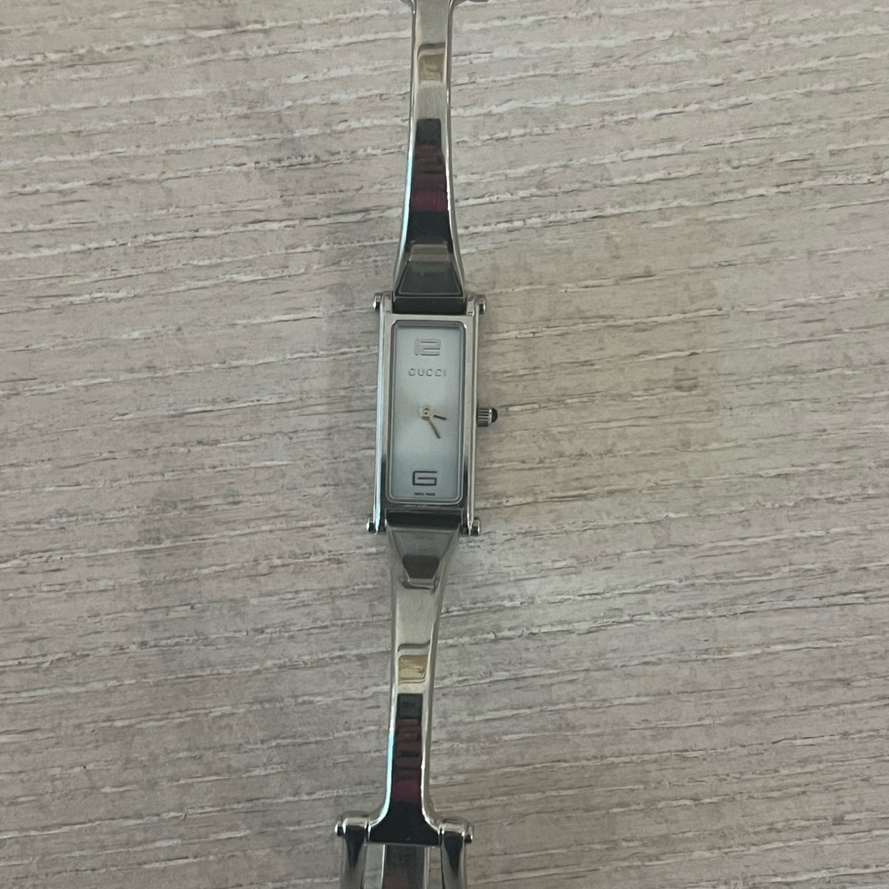 Gucci Silver and Gold Rectangular Watch with Metal Link Band